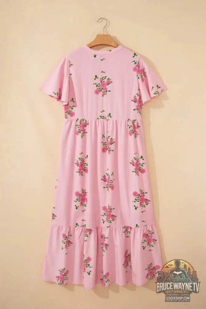 Robe Longue Femme – Florale · Col Cranté · Manches Courtes Flottantes · Taille Haute · 2 Coloris - Robe Femme