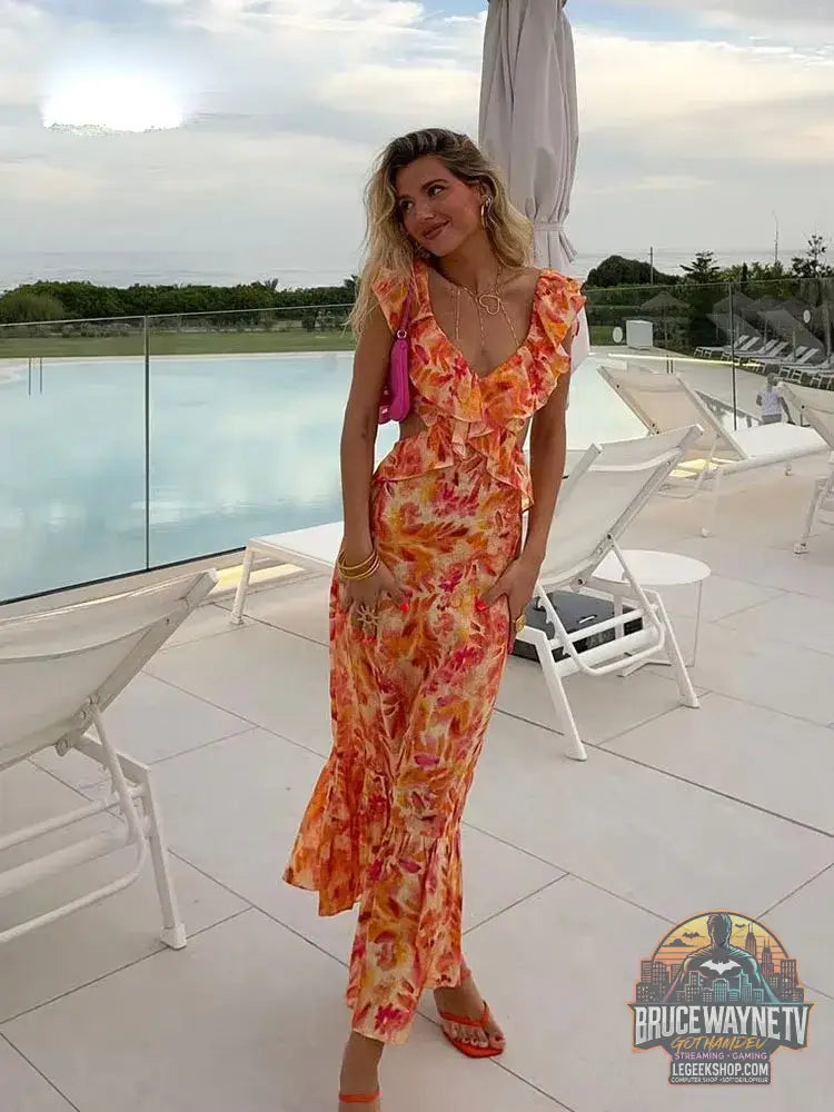 Robe longue Orange pour femmes mode d’été Sexy col en v sans manches dos nu imprimé à volants ajouré robes de plage