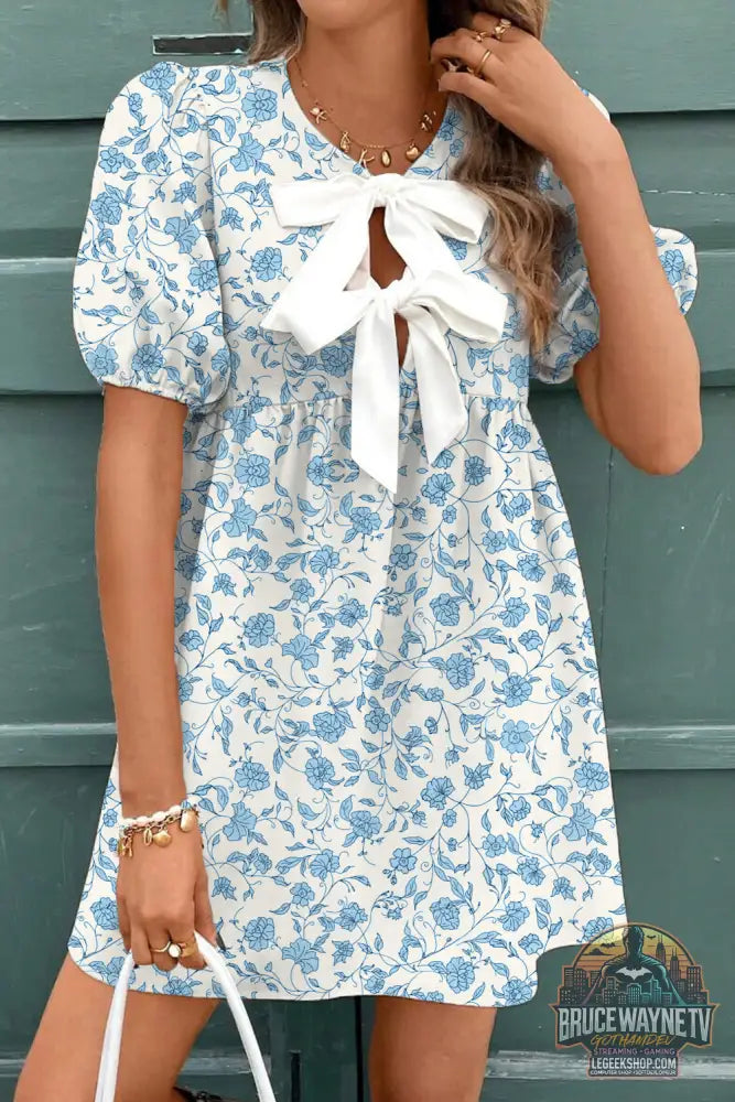 Sky Blue Leopard Contraste Bow Puff Sleeve Mini robe - Sky Blue1 / S / 100% Polyester - Dresses/Mini Dresses