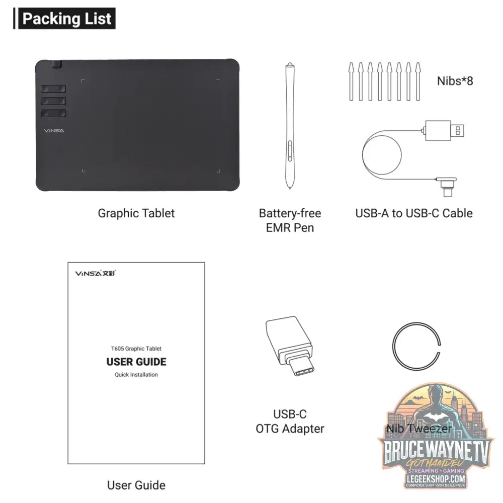 Tablette Graphique VINSA T1161 Ultra-Mince, 8192 Niveaux de Pression Stylet sans Batterie - T605 - Tablette Graphique