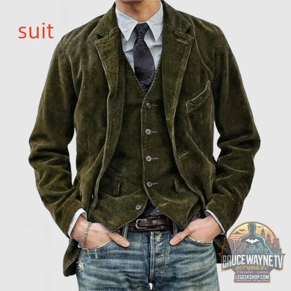 Veste Blazer Homme Velours Côtelé Hiver Casual Chaud Noir Marron Vert Bleu - Army Green suit / L - Veste Homme